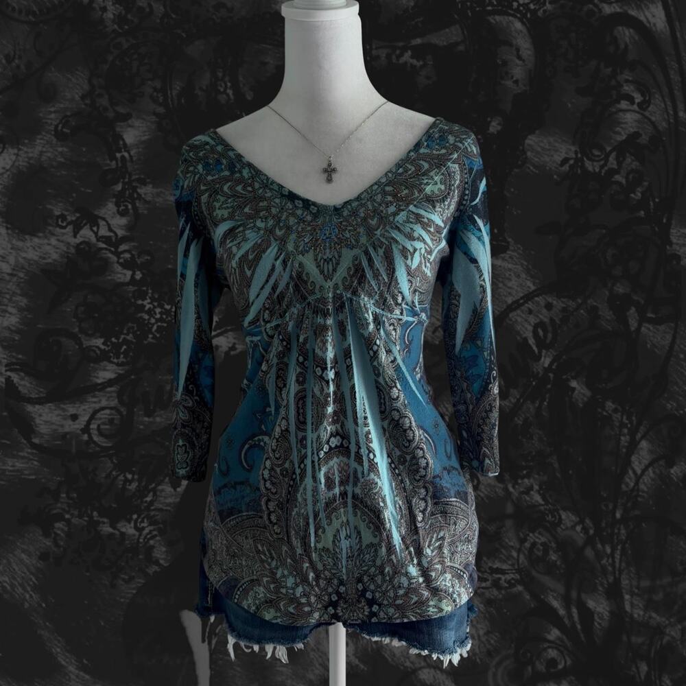 dark teal deep jewel tone paisley embellished and laced back whimsigoth boho top